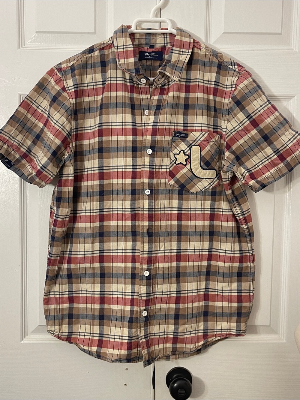 Weavers Plaid Short-Sleeve Button-Down Shirt in Beige, Red and Blue